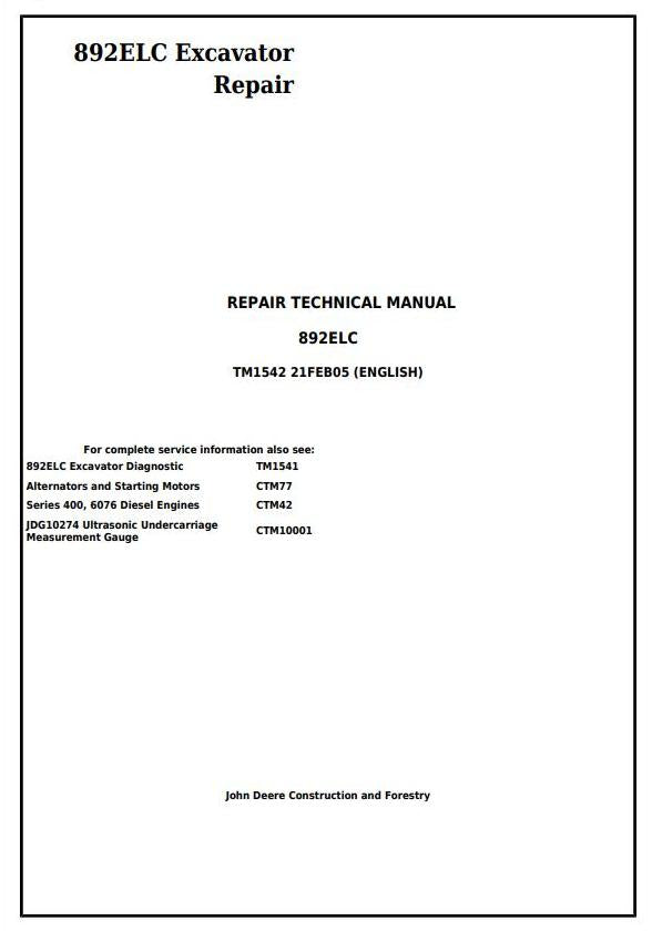 Pdf TM1542 John Deere 892ELC Excavator Repair Service Manual