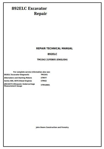 Pdf TM1542 John Deere 892ELC Excavator Repair Service Manual