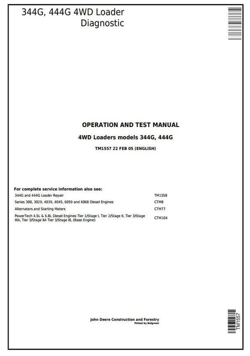 PDF TM1557 John Deere 4WD 344G, 444G Wheel Loader Diagnostic and Test Service Manual