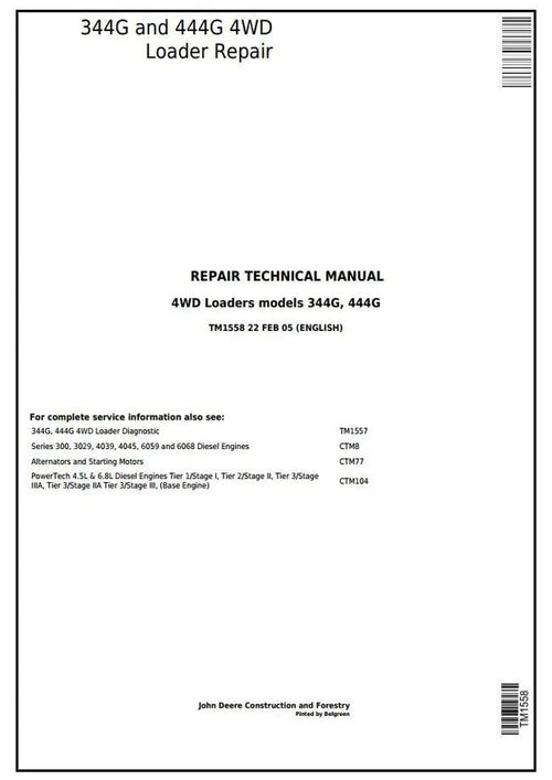 Pdf TM1558 John Deere 4WD 344G, 444G Wheel Loader Repair Service Manual