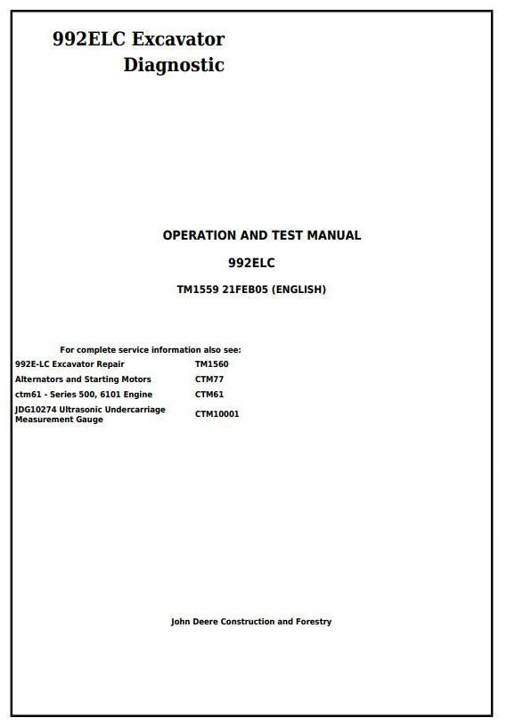 Pdf TM1559 John Deere 992ELC Excavator Diagnostic and Test Service Manual