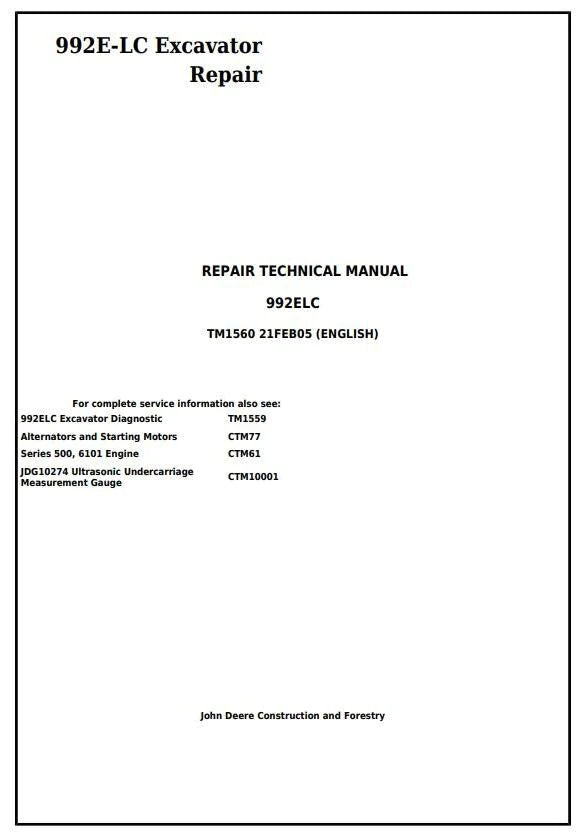 Pdf TM1560 John Deere 992E-LC Excavator Repair Service Manual