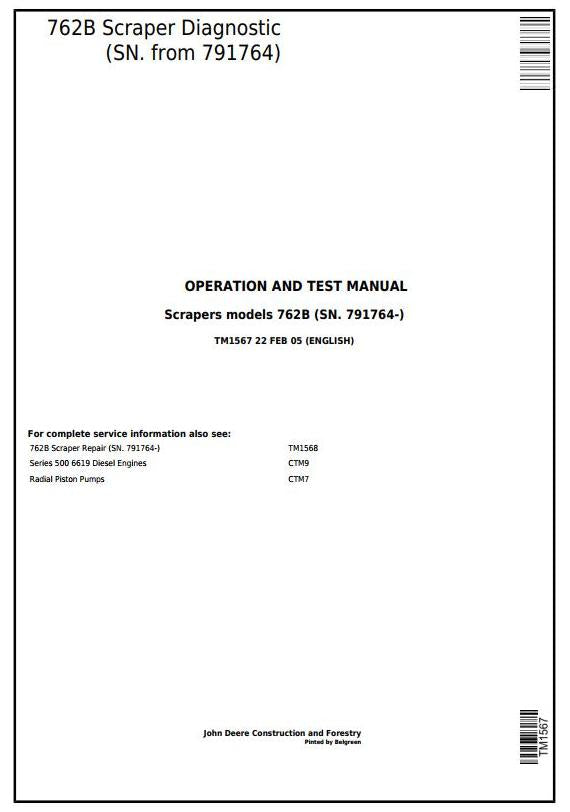 Pdf TM1567 John Deere 762B Scraper (SN.791764-) Diagnostic and Test Service Manual