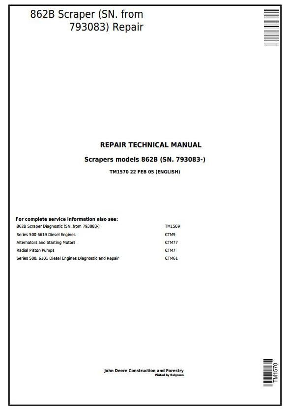 Pdf TM1570 John Deere 862B Scraper (SN. from 793083) Repair Service Manual