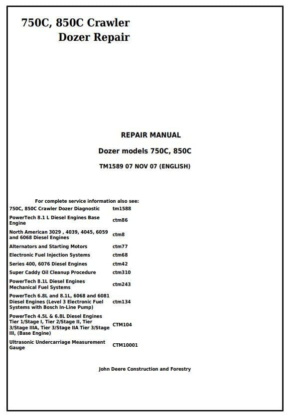 Pdf TM1589 John Deere 750C, 850C Crawler Dozer Repair Service Manual