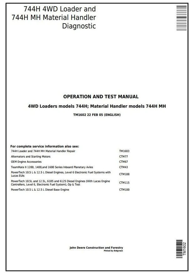 PDF TM1602 John Deere 4WD 744H Wheel Loader, 744H MH Material Handler Diagnostic and Test Service Manual