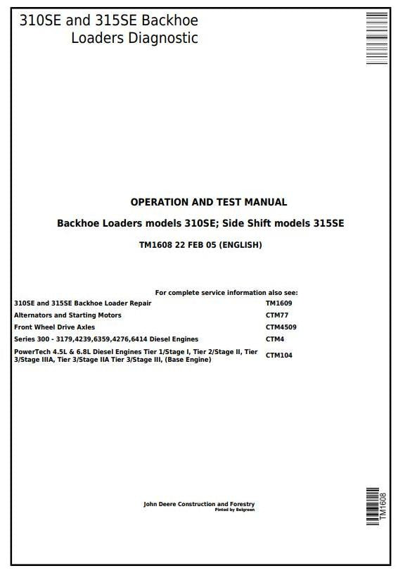 Pdf TM1608 John Deere 310SE, 315SE Backhoe, Side Shift Loader Diagnostic & Test Service Manual