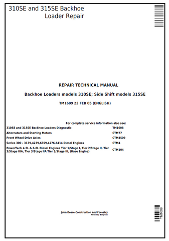 Pdf TM1609 John Deere 310SE, 315SE Backhoe, Side Shift Loader Repair Service Manual