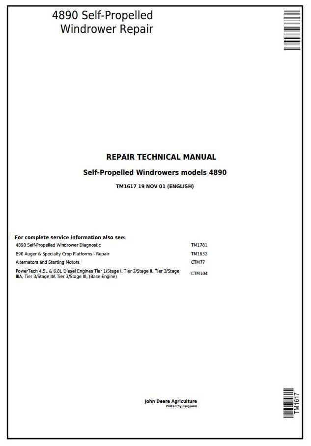 Pdf TM1617 John Deere 4890 Self-Propelled Hay and Forage Windrower Repair Service Manual