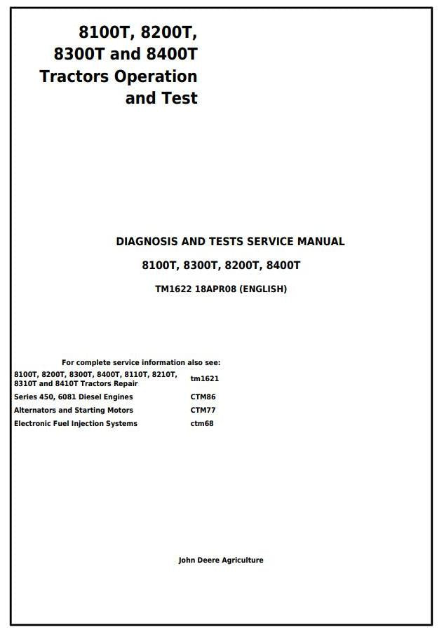 PDF TM1622 John Deere 8100T 8200T 8300T 8400T Track Tractor Diagnosis and Test Service Manual