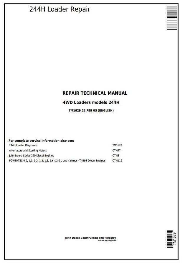 Pdf TM1629 John Deere 4WD 244H Wheel Loader Repair Service Manual