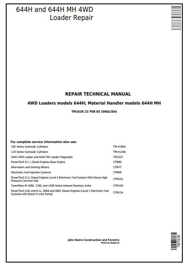 Pdf TM1638 John Deere 644H 4WD Wheel Loader, 644H MH Material Handler Repair Service Manual