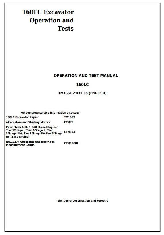 Pdf TM1661 John Deere 160LC Excavator Diagnostic and Test Service Manual