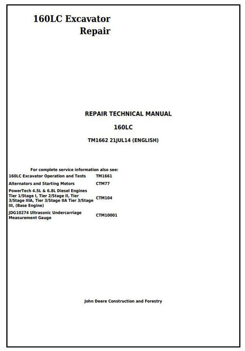 Pdf TM1662 John Deere 160LC Excavator Repair Service Manual