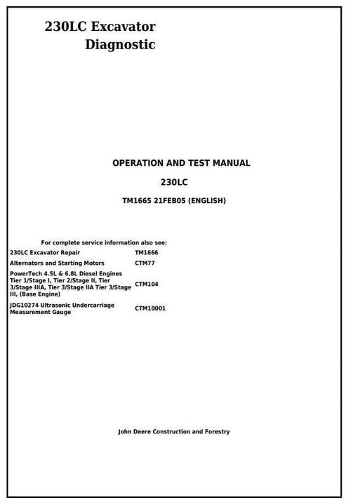 Pdf TM1665 John Deere 230LC Excavator Diagnostic and Test Service Manual