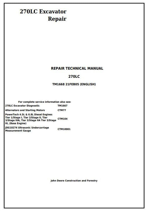 Pdf TM1668 John Deere 270LC Excavator Repair Service Manual