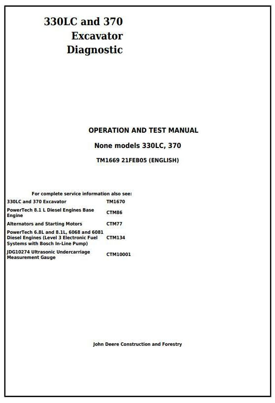 Pdf TM1669 John Deere 330LC, 370 Excavator Diagnostic and Test Service Manual