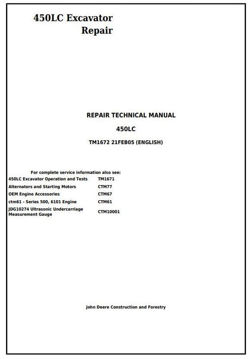 TM1672 - John Deere 450LC Excavator Repair Service Manual