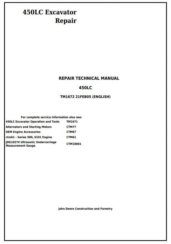 TM1672 - John Deere 450LC Excavator Repair Service Manual