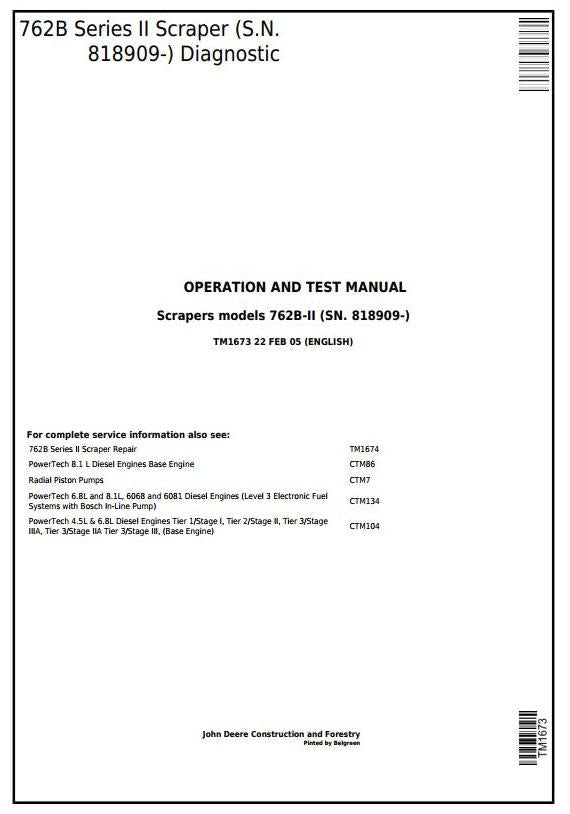 Pdf TM1673 John Deere 762B Series II Scraper Diagnostic & Test Service manual