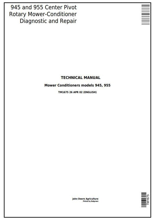 Pdf TM1675 John Deere 945, 955 Center Pivot Rotary Mower-Conditioner Repair Service Manual