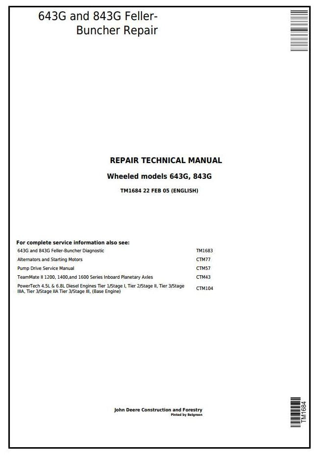 Pdf TM1684 John Deere 643G, 843G Wheeled Feller Buncher Repair Service Manual