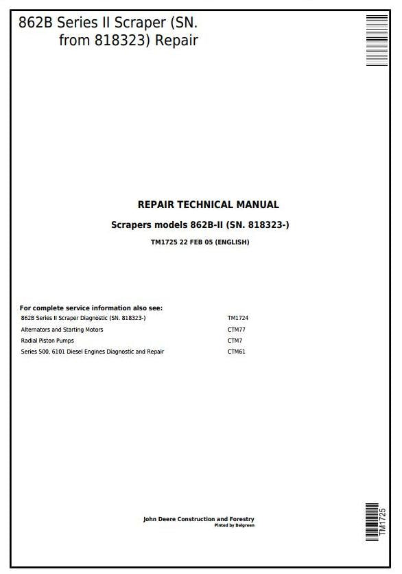 Pdf TM1725 John Deere 862B Series II Scraper (SN. 818323-) Repair Service Manual