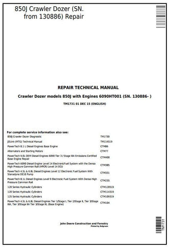 TM1731 - John Deere 850J Dozer W. Engine 6090HT001 Repair Service Manual