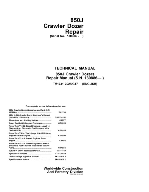 TM1731 - John Deere 850J Dozer W. Engine 6090HT001 Repair Service Manual
