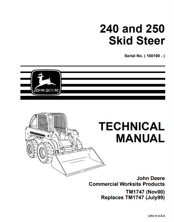 Pdf TM1747 John Deere 240, 250 Skid Steer Loader Repair Service Manual