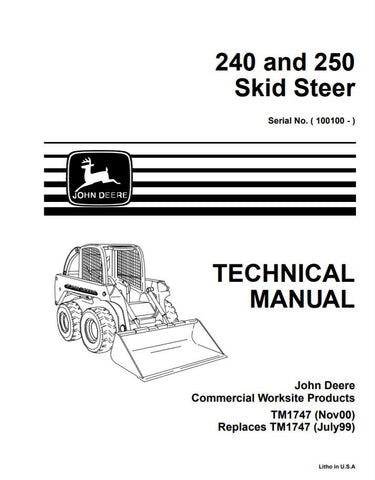 Pdf TM1747 John Deere 240, 250 Skid Steer Loader Repair Service Manual