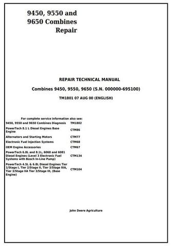 Pdf TM1801 John Deere 9450 9550 9650 Combine (SN. before 695100) Repair Service Manual