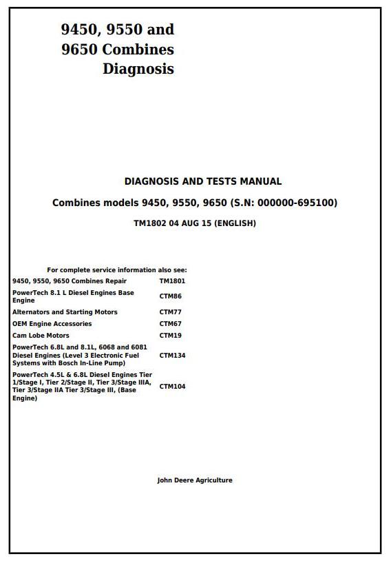 Pdf TM1802 John Deere 9450, 9550, 9650 Combine Diagnostic and Test Service Manual