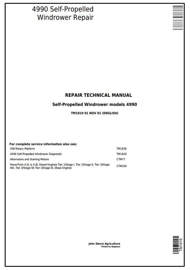 Pdf TM1819 John Deere 4990 Self-Propelled Hay and Forage Windrower Repair Service Manual