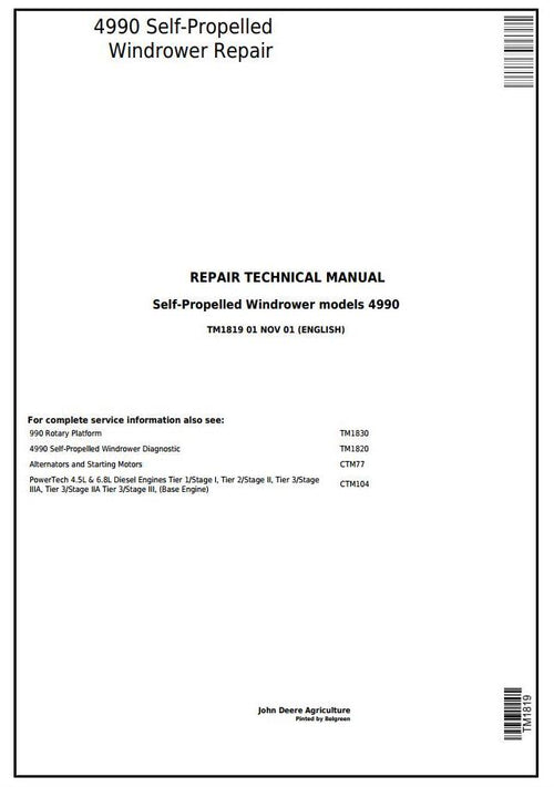 Pdf TM1819 John Deere 4990 Self-Propelled Hay and Forage Windrower Repair Service Manual