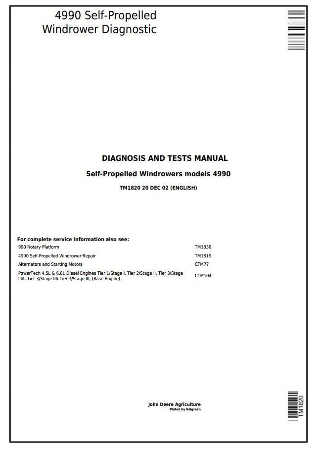 PDF TM1820 John Deere 4990 Self-Propelled Hay and Forage Windrower Diagnostic and Test Service Manual