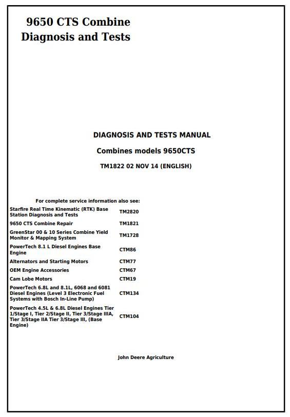 Pdf TM1822 John Deere 9650 CTS Combine Diagnostic and Test Service Manual