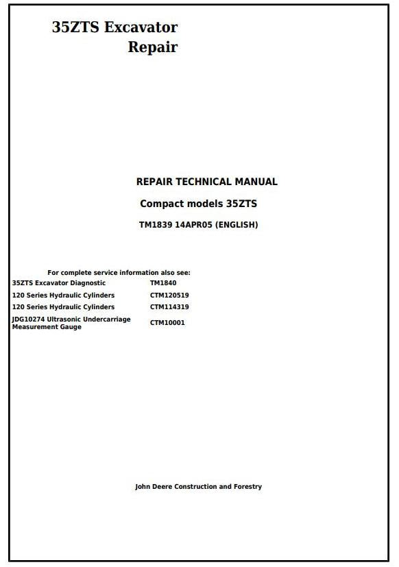 Pdf TM1839 John Deere 35ZTS Compact Excavator Repair Service Manual