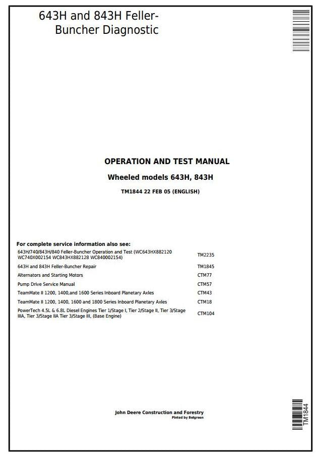 PDF TM1844 John Deere 643H, 843H Wheeled Feller Buncher Diagnostic and Test Service Manual