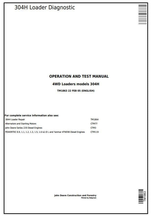 Pdf TM1863 John Deere 4WD 304H Wheel Loader Diagnostic and Test Service Manual