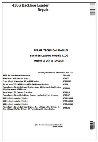 TM1882 - John Deere 410G Backhoe Loader Repair Service Manual