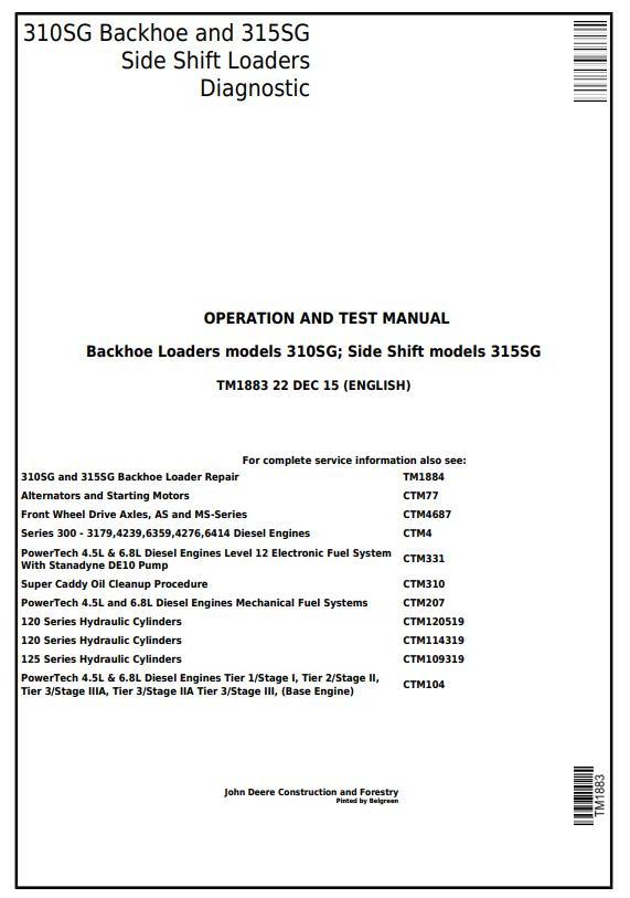 PDF TM1883 John Deere 310SG, 315SG  Backhoe, Side Shift Loader Diagnostic & Test Service Manual