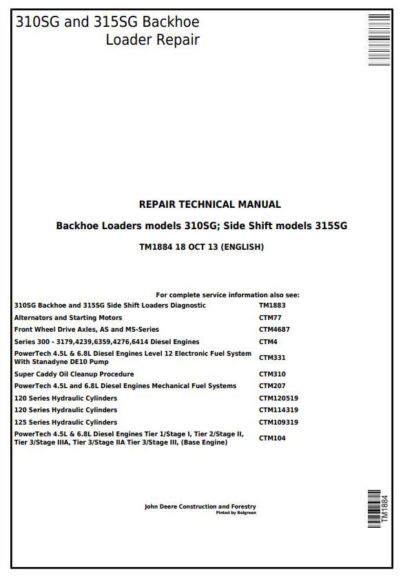 PDF TM1884 John Deere 310SG 315SG Backhoe, Side Shift Loader Repair Service Manual