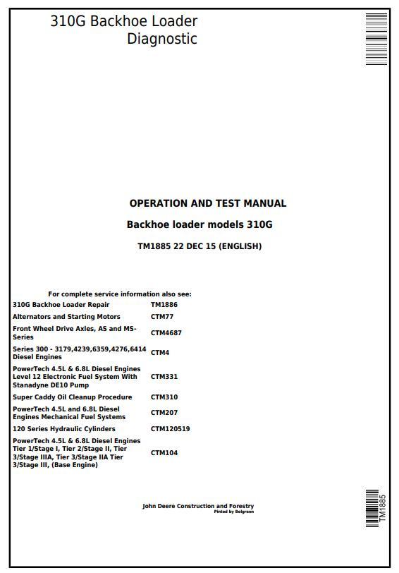 Pdf TM1885 John Deere 310G Backhoe Loader Diagnostic and Test Service Manual