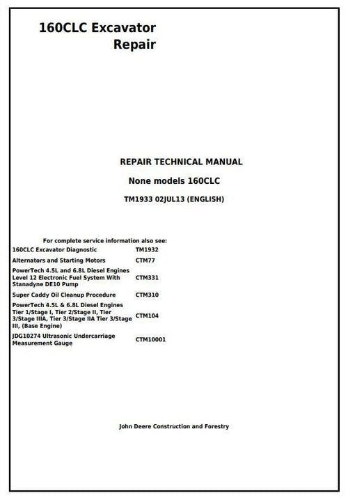 TM1933 - John Deere 160CLC Excavator Repair Service Manual