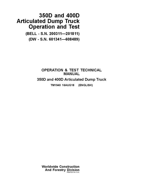 Pdf TM1940 John Deere 350D 400D Articulated Dump Truck Diagnostic and Test Manual