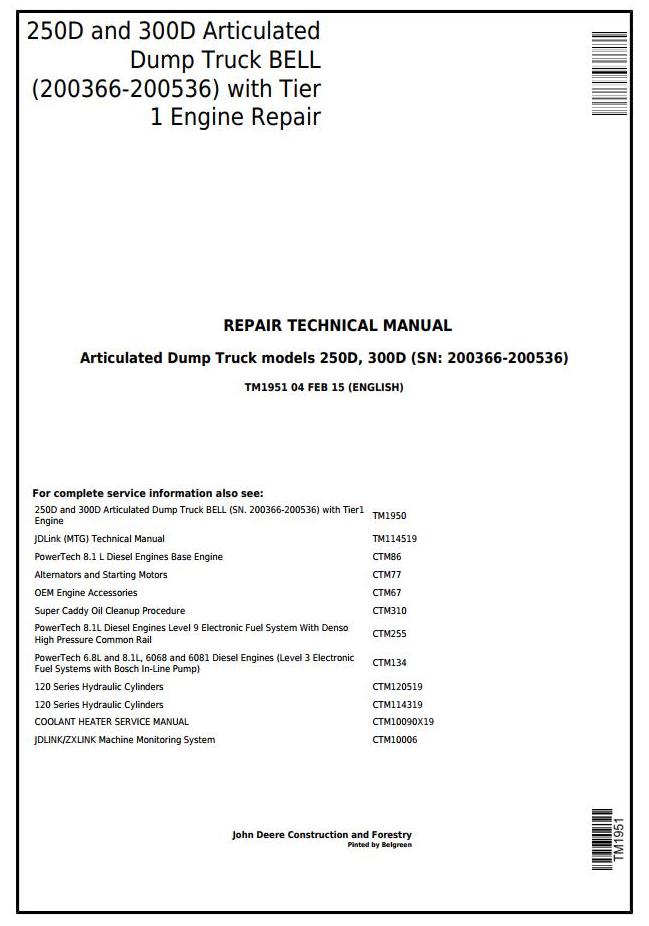 Pdf TM1951 John Deere 250D, 300D Articulated Dump Truck Repair Service Manual