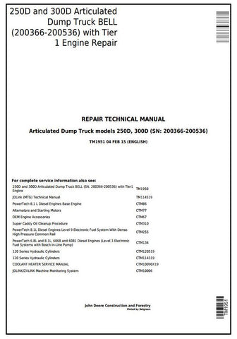 Pdf TM1951 John Deere 250D, 300D Articulated Dump Truck Repair Service Manual