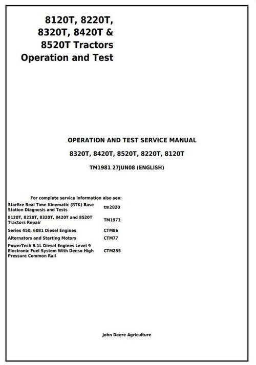 PDF TM1981 John Deere 8120T 8220T 8320T 8420T 8520T Track Tractor Diagnostic & Test Service Manual