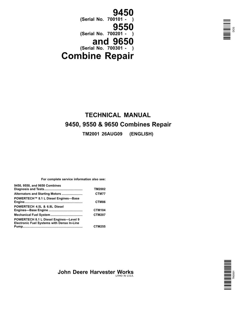 Pdf TM2001 John Deere 9450 9550 9650 Combine Repair Service Manual